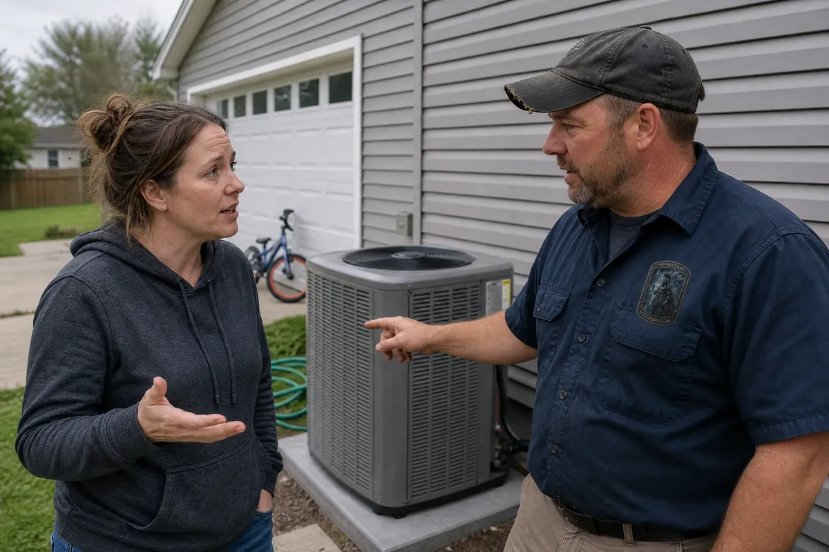 Homeowner reviewing air conditioner options with an HVAC technician