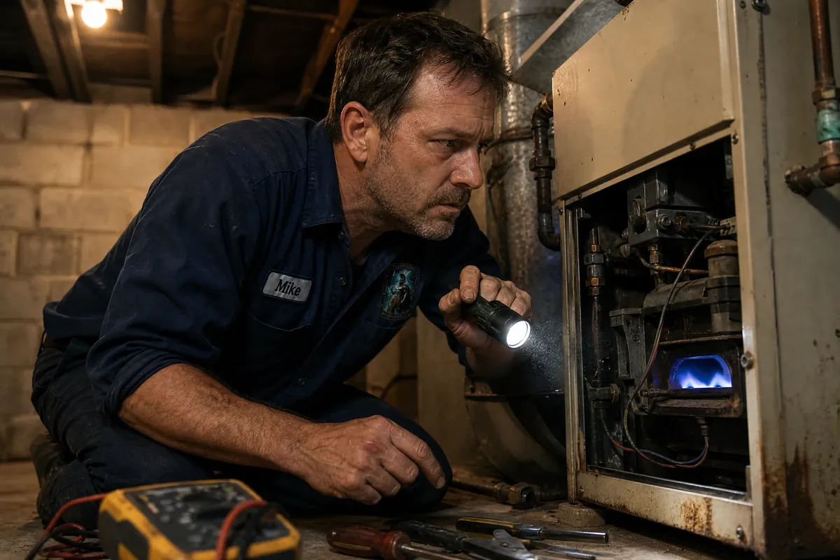 HVAC technician inspecting a furnace with a repair checklist