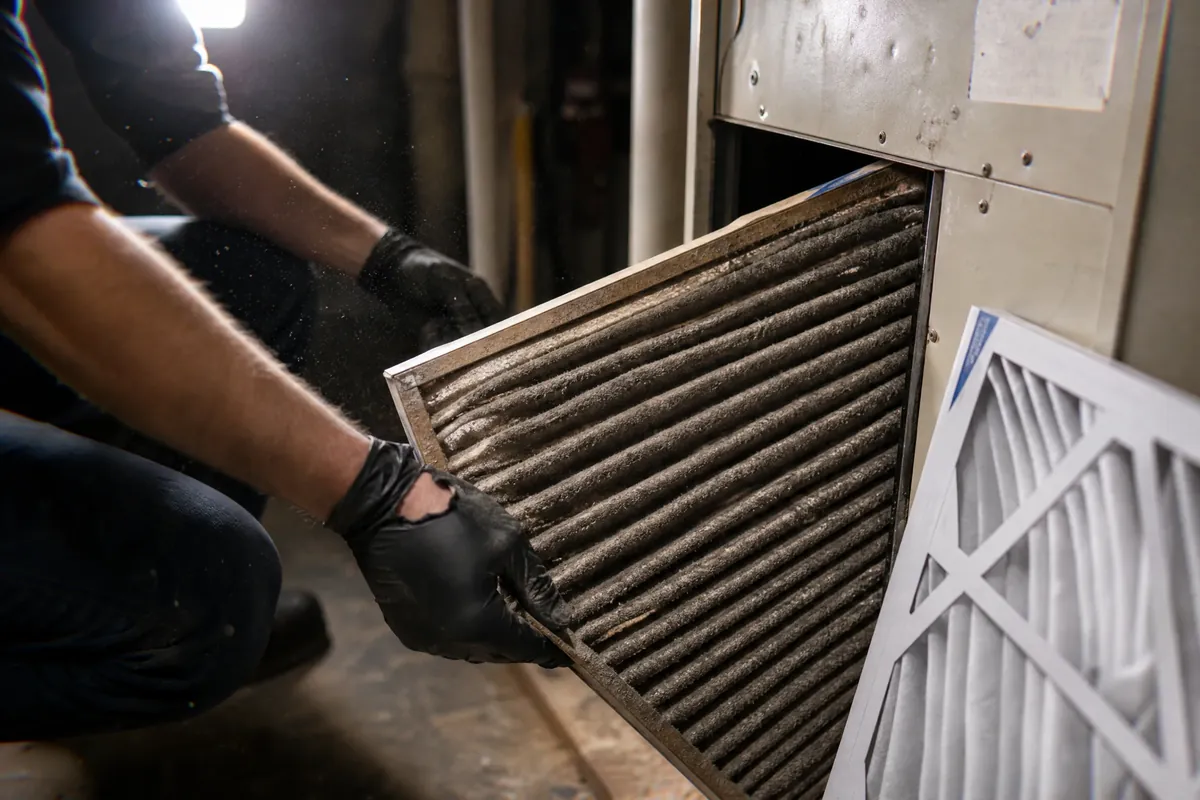 HVAC technician performing seasonal maintenance on a home system