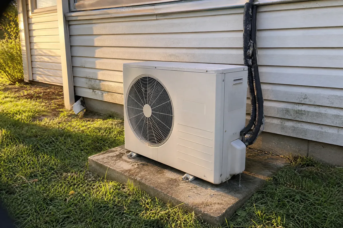 High efficiency inverter air conditioning unit installed outside a home